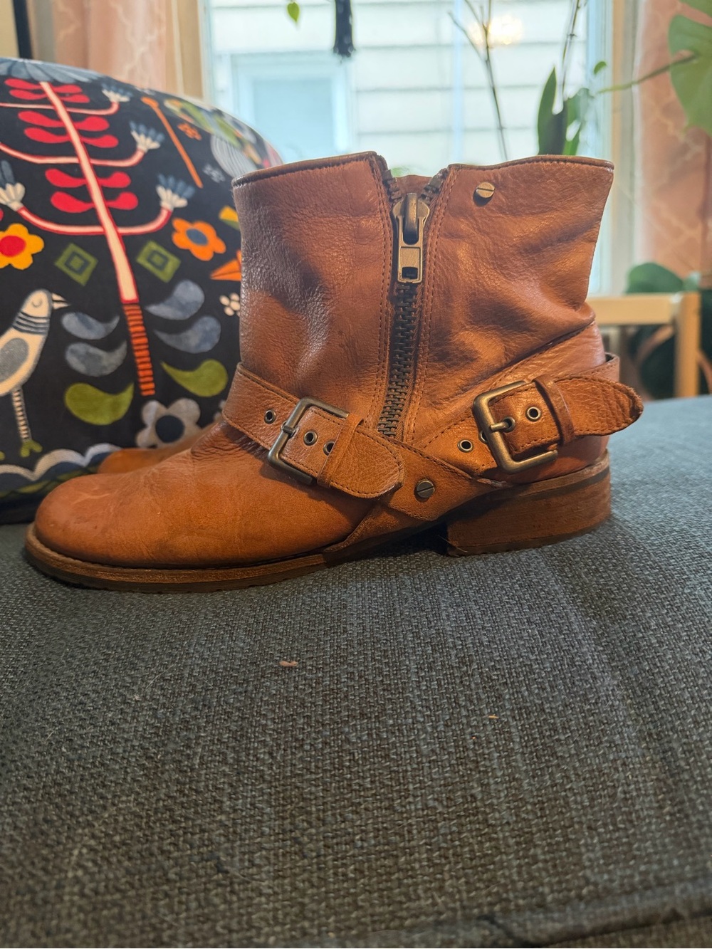 Brown Leather Buckle Ankle Boot with Side Zip